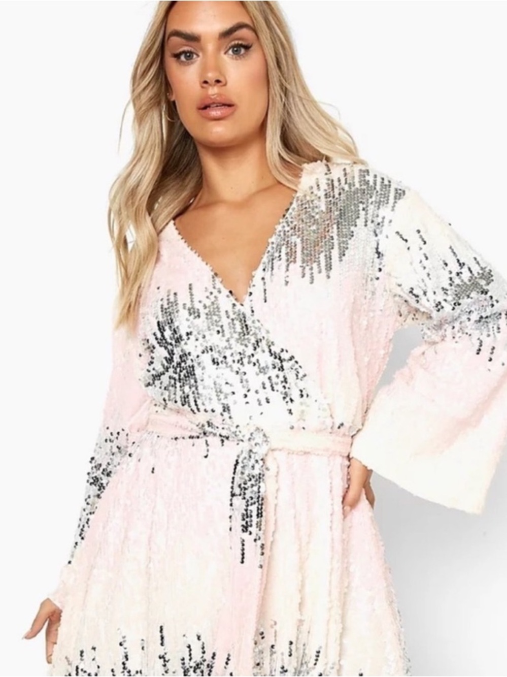 Boohoo Pink Silver Sequin Wrap Dress Bell Sleeve Mini Party Dress - Picture 2 of 3